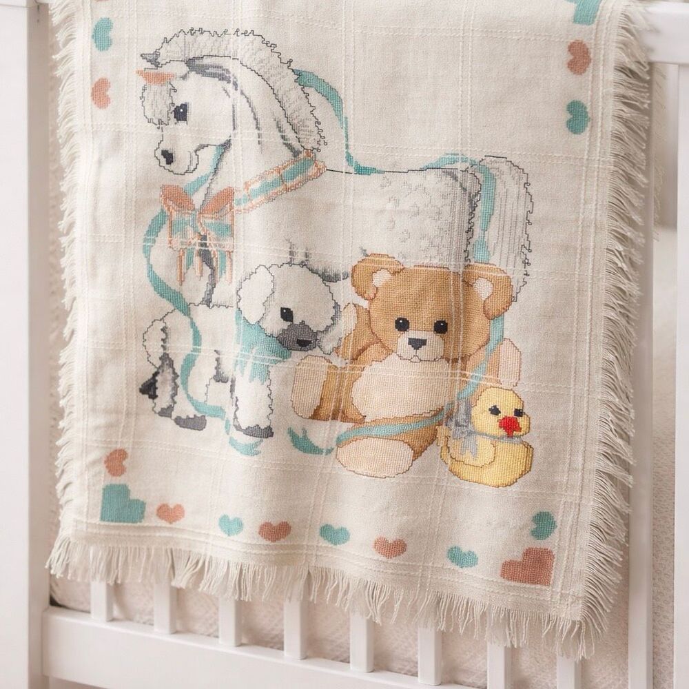 Handmade Vtg Baby Blanket Needlepoint Wool Blend Nursery Teddy Bear Horse Duck